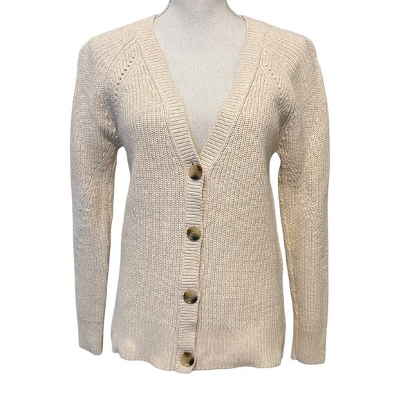 RACHEL Rachel Roy Cotton Knit V-Neck Fisherman Cardigan Sweater Beige Cream S - Picture 1 of 7